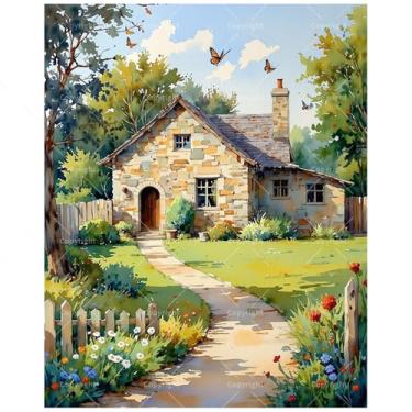Imagem de DecorFriday Kit de pintura rústica por números para adultos - DIY Stone Home com pintura de caminho de jardim em tela, conjunto de tinta acrílica, adequado para iniciantes, arte para casa ou presentes