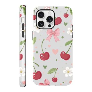 Imagem de Vulfwela Capa de telefone para iPhone 16 Pro Max, capa feminina rosa vermelha cereja padrão 4, capa rígida híbrida resistente a arranhões durável de 2 camadas para mulheres, meninas, meninos e homens