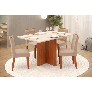 Imagem de Conjunto: Mesa de Cozinha Hera c/ Tampo Madeirado c/ Vidro Reto 120x90cm e 4 Cadeiras Julia Freijo/Off White - Suede Kraft - DJ Móveis