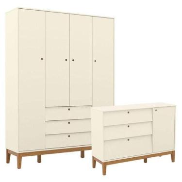 Imagem de Cômoda Sapateira E Guarda Roupa Unique 4 Portas Off White Eco Wood - M