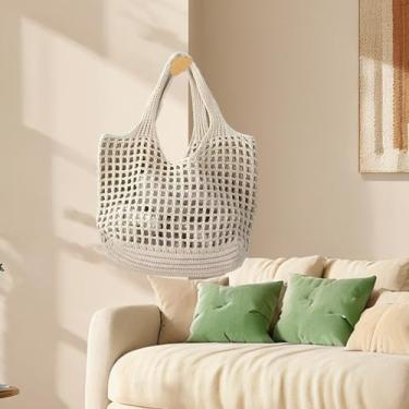 Imagem de Bolsa de praia feminina dobrável, bolsa de praia leve e lavável, bolsa de ombro de malha ecológica para viagens/compras/presentes, Branco