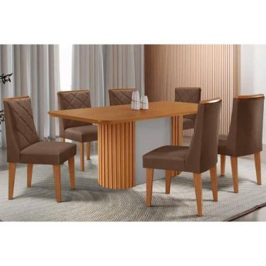 Imagem de Conjunto: Mesa de Cozinha Pilar c/ Tampo Madeirado Canto Curvo 180x90cm e 6 Cadeiras Pietá Naturale/Off White - Suede Marrom - Rufato