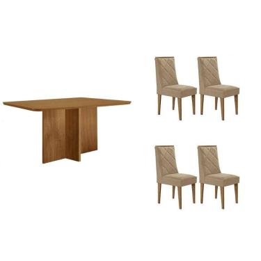 Imagem de Conjunto: Mesa Sala Jantar Berlim Tampo Curvo 120cm+4 Cadeiras Pietá Madeira Naturale - Capuccino/Suede Creme - Rufato