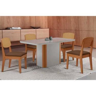 Imagem de Conjunto Mesa Pietá c/ Tampo Madeirado c/ Vidro Canto Curvo 120x80cm e 4 Cadeiras Havana Premium Naturale/Off White - Suede Marrom-Rufato