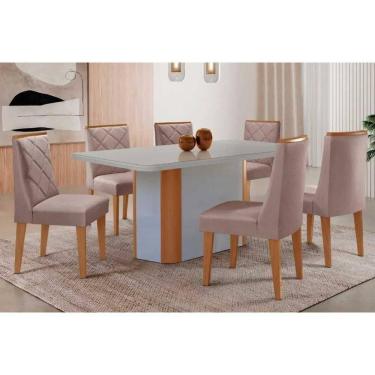 Imagem de Conjunto: Mesa de Cozinha Pietá Tampo c/ Vidro Curvo 180cm+6 Cadeiras Pietá Naturale/Off White - Linho Capuccino - Rufato