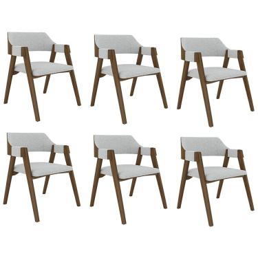 Imagem de Kit 6 Cadeiras Sala de Jantar e Jogos Carteados Madeira Maciça Poker Linho Cinza/Nogueira G42 - Gran Belo