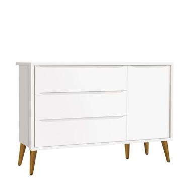 Imagem de Cômoda Infantil 1 Porta E 3 Gavetas Theo Retrô Branco Fosco Com Pés Amadeirado - Reller Móveis Branco Fosco