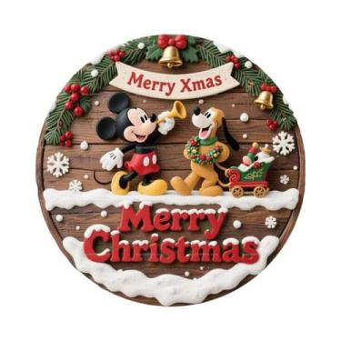 Imagem de Feliz Natal Disney Mickey Minnie Placa Redonda De Madeira Personalizad