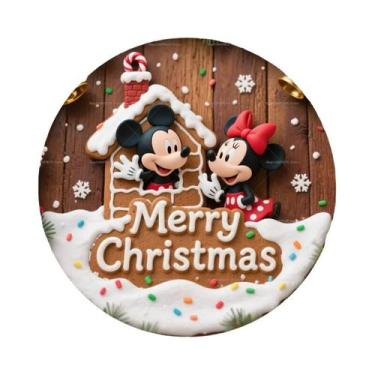 Imagem de Feliz Natal Disney Mickey Minnie Placa Redonda De Madeira Personalizad