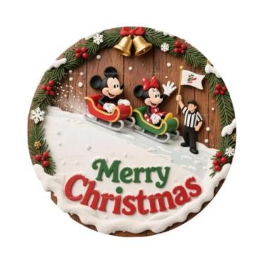 Imagem de Feliz Natal Disney Mickey Minnie Placa Redonda De Madeira Personalizad