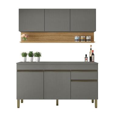 Imagem de Kit Armário de Cozinha e Balcão Completa 1,50m Line Madeirado/Grafite Kit's Paraná Madeirado/Grafite