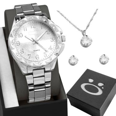 Imagem de Relógio Feminino Prata Aço + Brincos Colar Strass + Caixa