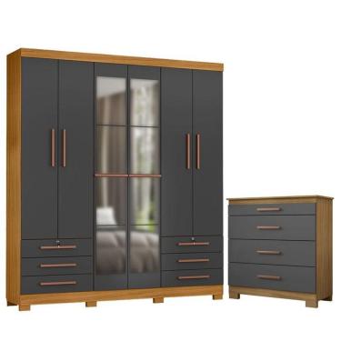 Imagem de Cômoda 4 Gavetas New E Guarda Roupa Casal Londres Com Espelho Carvalho Americano Grafite- Incorplac