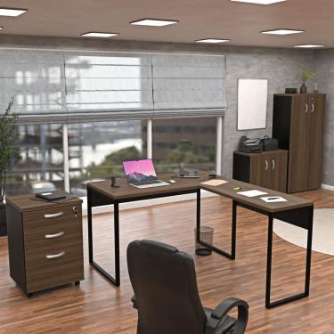 Imagem de Conjunto 4 Peças para Escritório com Escrivaninha em L, Armário Alto e Baixo e Gaveteiro Industrial