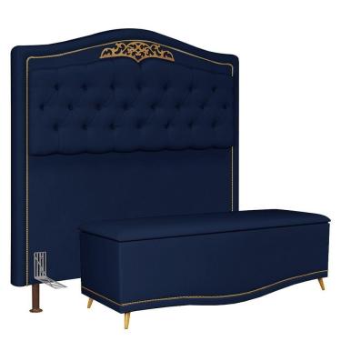 Imagem de Cabeceira Cama Box Casal Queen 160Cm Com Calçadeira Baú Imperial Veludo J02 Azul