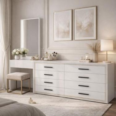 Imagem de Cômoda e Penteadeira de Luxo com Espelho 210cm 8 Gavetas Valência Poli