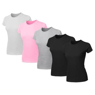 Imagem de Kit 5 Blusas Feminina Camiseta Lisa Básica Algodão Baby Look-Feminino