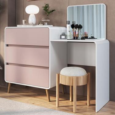 Imagem de Cômoda Quarto 135cm com Penteadeira Nuvia Branco/Rosa Milkshake C06 - Mpozenato