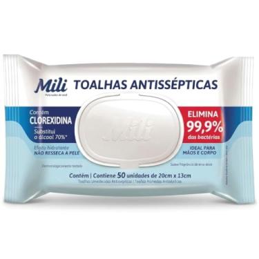 Imagem de Mili Toalhas Umedecidas Antissépticas, Higienização de Mãos e Corpo, Elimina 99,9% das Bactérias, 50 Unidades