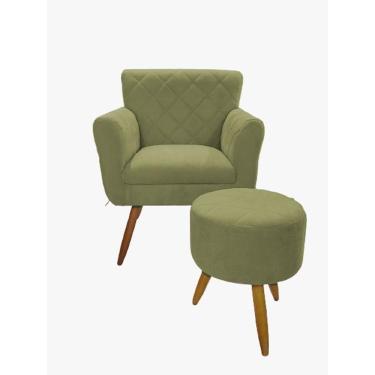 Imagem de Kit Poltrona Decorativa e Puff Redondo Bordados Atenas para Sala e Quarto Pés Palito Suede Bege - W&D Decor