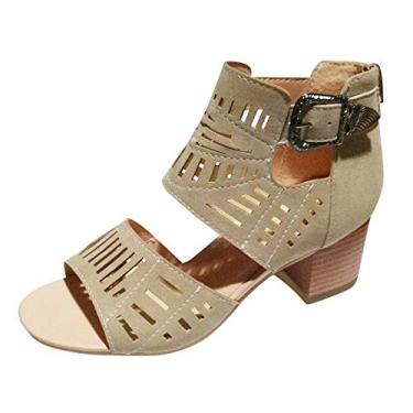 Imagem de Sandálias femininas elegantes de verão, sandálias femininas peep toe salto alto fivela sólida casual sapatos de verão, Caqui, 7