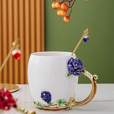 Imagem de Caneca de café esmaltada de cor cerâmica com colher para escritório flor xícara de chá de café da manhã para mulheres, esposa, dia das mães, presente de casamento 320 ml (azul)