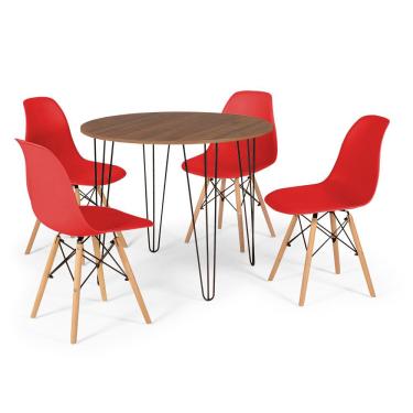 Imagem de Conjunto Mesa de Jantar Redonda Hairpin 90cm Natural com 4 Cadeiras Eames Eiffel - Vermelho
