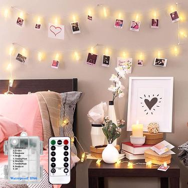 Imagem de 20 clipes de foto de LED para luzes de fadas, caixa de bateria externa para uso interno, remoto, 8 modos, temporizador, presente de dia dos namorados para pendurar foto, cartão, arte, memorandos no dormitório, quarto, decoração de parede (branco quente)