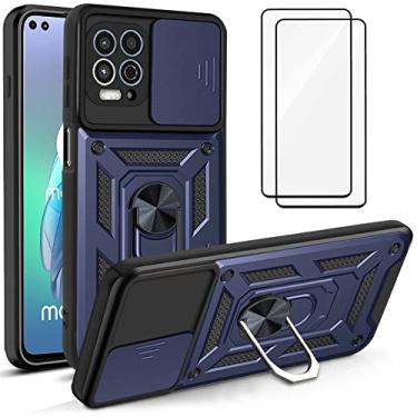 Imagem de Capa para Motorola Moto G100 Capinha | com 2 protetores de tela temperados, janela deslizante de proteção da câmera integrada e suporte para telefone - Azul