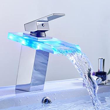 Imagem de Torneira de banheiro de LED com cascata Torneira de lavatório de latão Frio Quente Torneira misturadora de pia montada no convés, guindaste, cromada