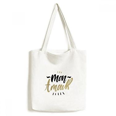Imagem de Bolsa de lona Mon Amour My Love estilo citação sacola de compras casual bolsa de mão