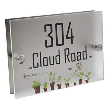 Imagem de Placa de sinalização de casa Placas em vasos fofos Placas externas personalizadas de número da casa Placa de sinalização de porta de rua Acrílico vidro fosco