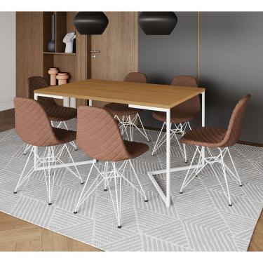 Imagem de Mesa Jantar Industrial Canela Base V 137x90cm C/ 6 Cadeiras Eiffel Estofadas Caramelo Aço Branco