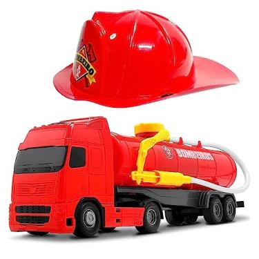 Imagem de Kit Caminhão Bombeiro Tanque e Mangueira Lança Àgua e Capacete Infantil