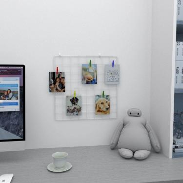 Imagem de Memory Board Painel de Fotos 40x40 Branco Decoração Mesh Board Home Office + Prendedores + Clips Adesivos