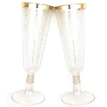 Imagem de 70pc Copos de plástico com glitter de vidro clássico como champanhe, festas de casamento, torneiras, festas, coquetéis, Gold Rimmed w/ Gold Glitter