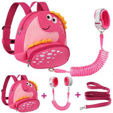 Imagem de Accmor Arnês de mochila infantil com correia de segurança, arneses fofos de dinossauro com pulseira antiperda, mini mochila escolar infantil com pulseira e correia de proteção para bebês meninas (rosa)