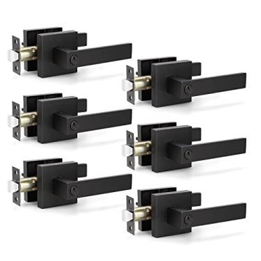 Imagem de KNOBWELL Pacote com 6 maçanetas de porta pretas interiores quadradas maçanetas de privacidade para quarto de banheiro, reversíveis para direita e esquerda (giro de polegar, sem chave)
