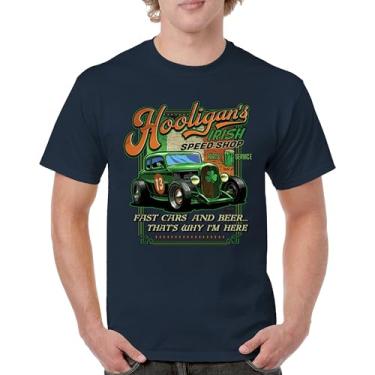Imagem de Camiseta masculina Hooligan's Irish Speed Shop Dia de São Patrício Vintage Hot Rod Shamrock St Patty's Beer Festival, Azul marinho, 3G