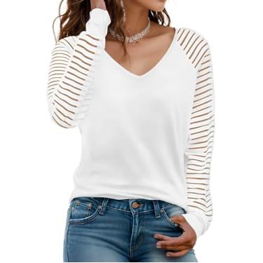 Imagem de Teepie Túnica feminina de manga comprida com decote em V, blusas casuais soltas, manga retalho, moda 2023, Branco, M