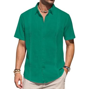 Imagem de Camisas masculinas de linho manga curta com botões casual leve camisa lisa elegante cubana Guayabera Beach Tops, Azul-petróleo, 3G