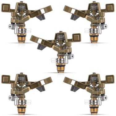 Imagem de Aspersor de impacto de latão - Aspersor de impacto de 1/2 polegada com bocais ajustáveis, irrigador de 360 graus para irrigação de grande quintal, pátio, jardim - 5 peças