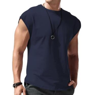 Imagem de Nova camiseta masculina sem mangas para esportes de lazer de verão solta camisa de manga curta masculina, Azul marinho, G