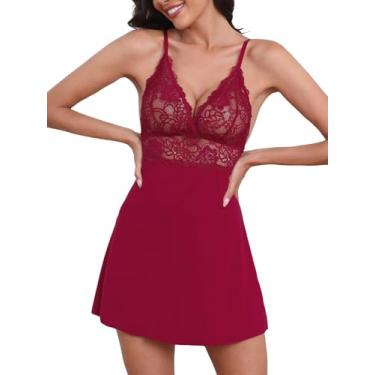Imagem de CUPSHE Lingerie feminina sexy gola V camisola mosaico renda malha vestido de noite, Vermelho, M