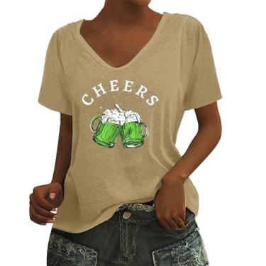 Imagem de Camiseta feminina do dia de São Patrício com estampa de trevo da bandeira irlandesa, túnica verde, camiseta de verão de manga curta, Caqui, P