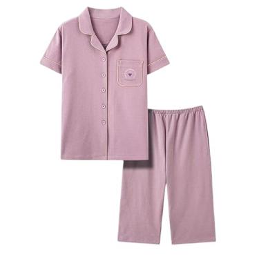 Imagem de LUZBOSE Pijama feminino confortável, conjunto de pijama de duas peças, manga curta, cardigã e botão (4GG, roxo)
