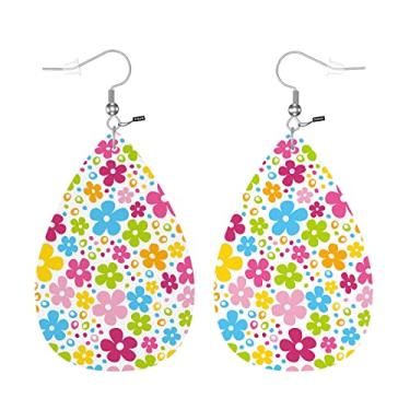 Imagem de Zokola Brincos femininos de couro com flores, bonitos primavera coloridos margarida floral e pontos pingente gota de couro falso brincos sexy para festa feriado joias