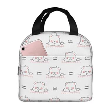 Imagem de Lancheira fofa de urso branco para dormir, lancheira isolada, reutilizável, impermeável, lancheira com bolso frontal para viagem, escritório, piquenique