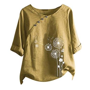 Imagem de Camisetas femininas de linho com estampa floral, túnica de gola redonda, manga curta, solta, casual, para sair, Amarelo, XG