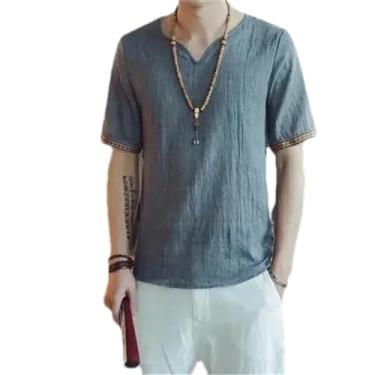 Imagem de Camiseta masculina verão algodão linho Hanfu manga curta vintage estilo chinês tang terno camiseta de linho estilo casual, Tx01 Cinza Azul, 3G